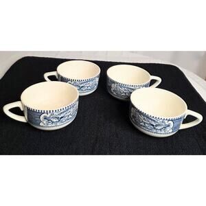 4 Vintage Currier & Ives Star of the Road Horse & Buggy Blue & White Coffee Cups